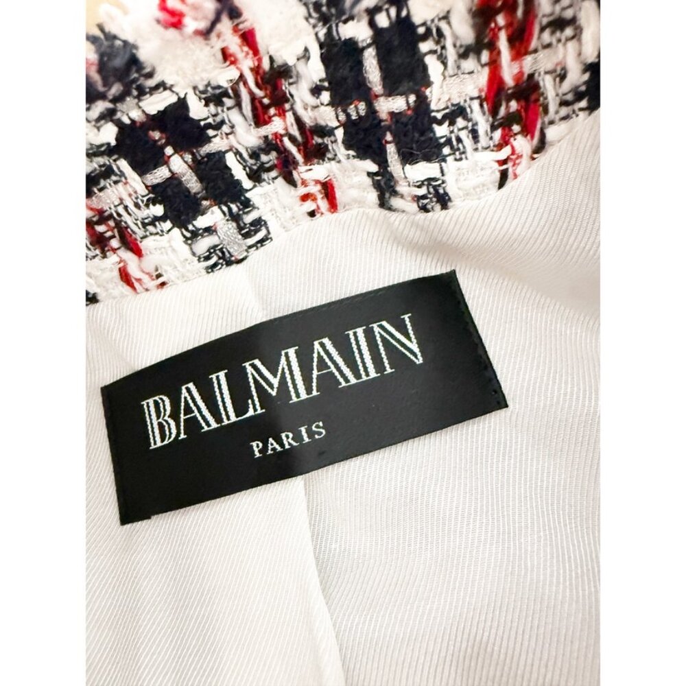 Balmain White Red Navy Silver Lion Button Tweed Blazer Jacket Sz FR 38 US 6 - Picture 4 of 6